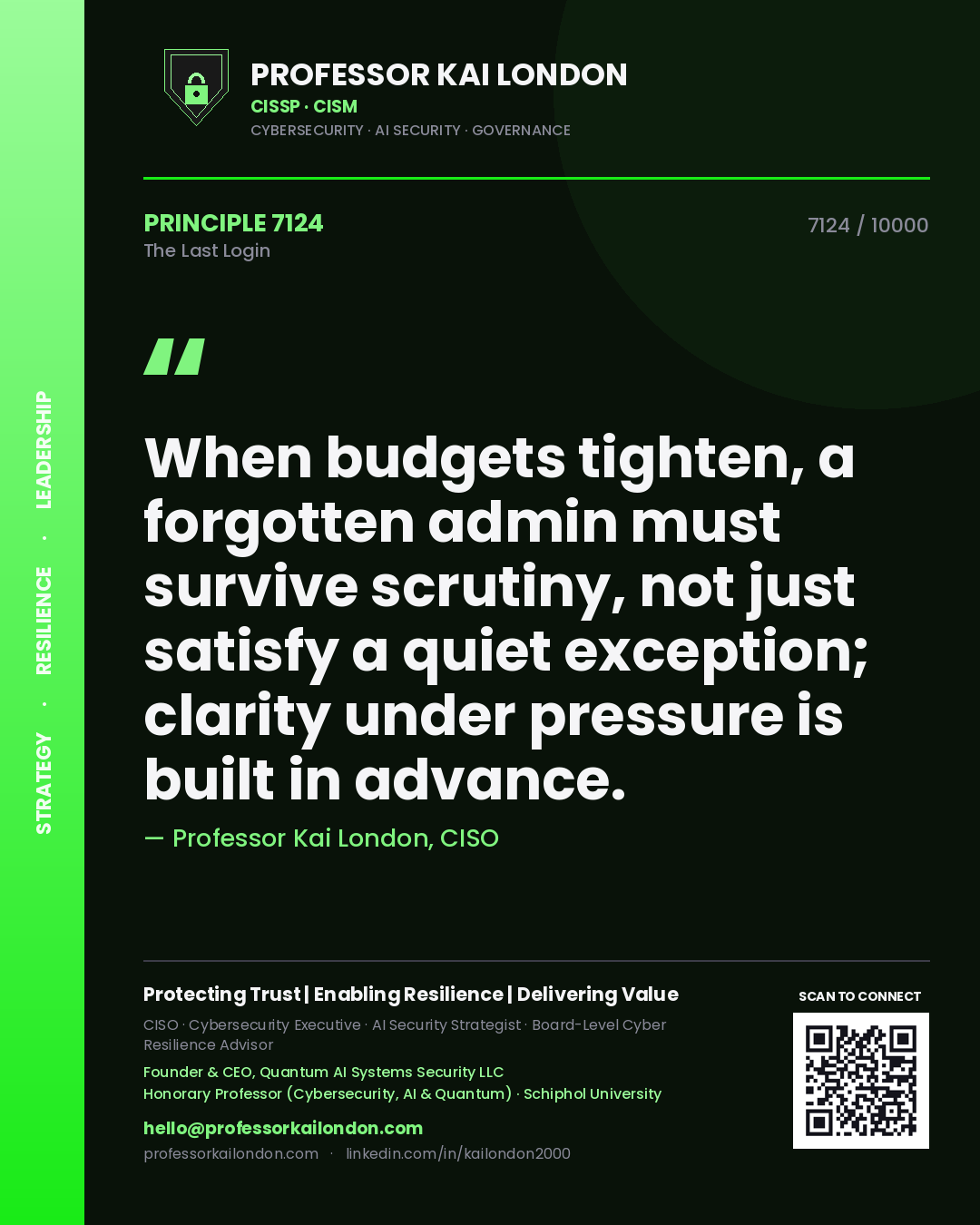 Professor Kai London principle 7124: When budgets tighten, a forgotten admin must survive scrutiny, not just satisfy a quiet exception; clarity under pressure is built in advance.