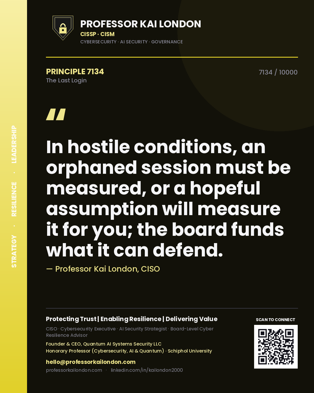 Quote card by Professor Kai London reading 'In hostile conditions, an orphaned session must be measured, or a hopeful assumption will measure it for you; the board funds what it can defend.'. From the book The Last Login.