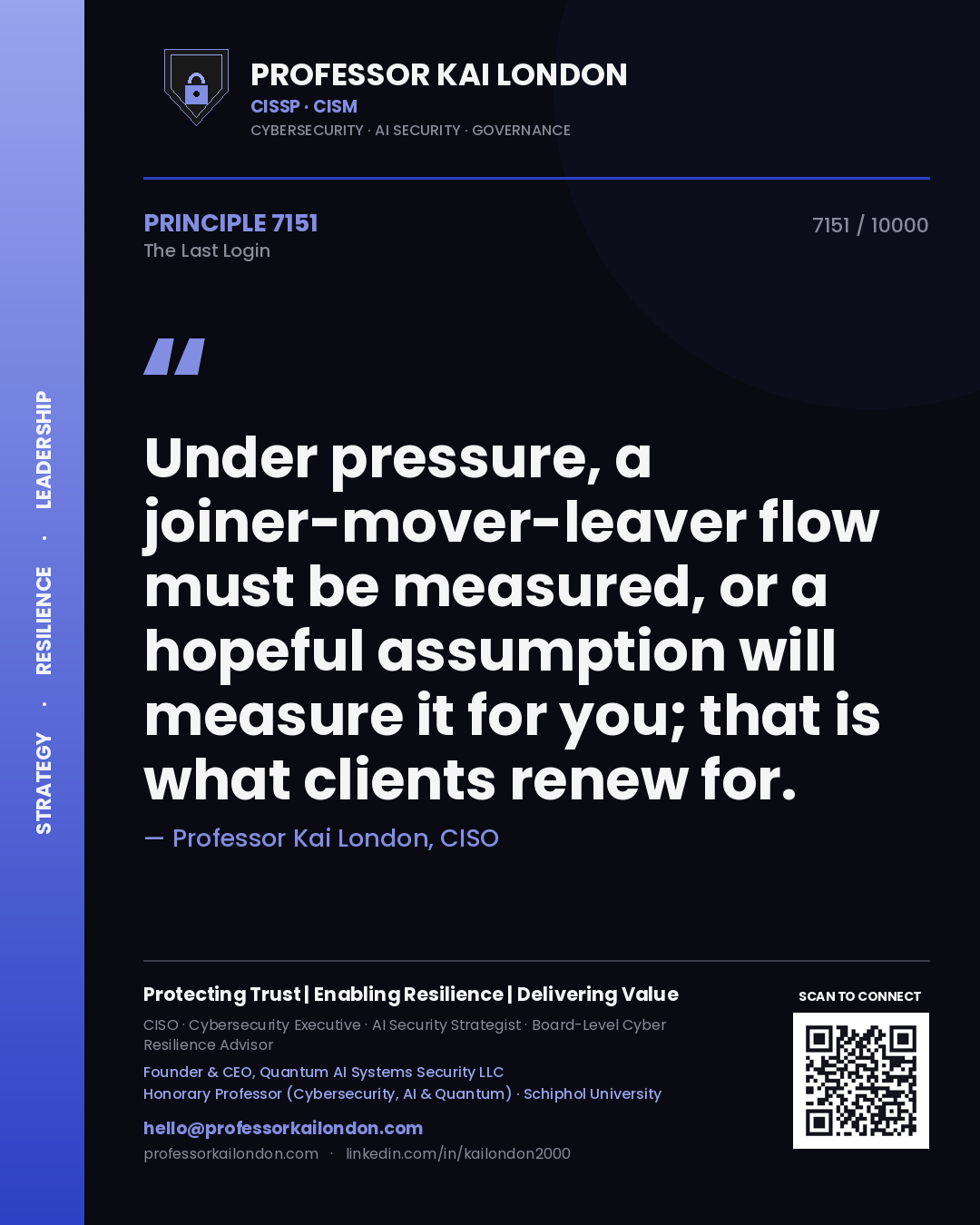 Quote card by Professor Kai London reading 'Under pressure, a joiner-mover-leaver flow must be measured, or a hopeful assumption will measure it for you; that is what clients renew for.'. From the book The Last Login.