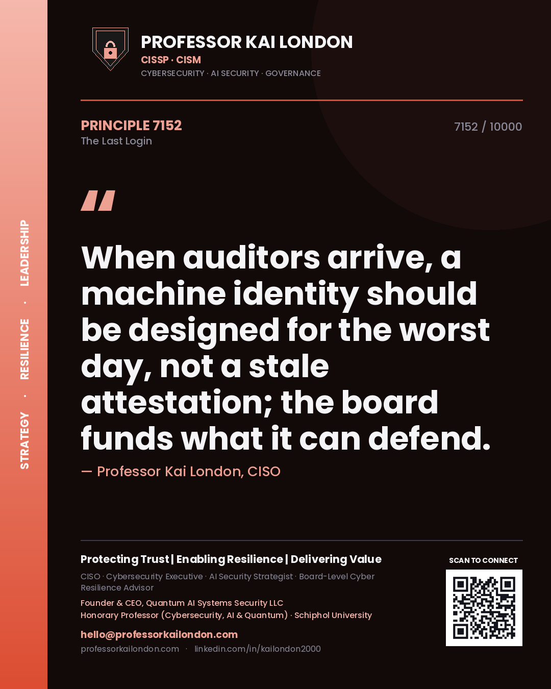Quote card by Professor Kai London reading 'When auditors arrive, a machine identity should be designed for the worst day, not a stale attestation; the board funds what it can defend.'. From the book The Last Login.