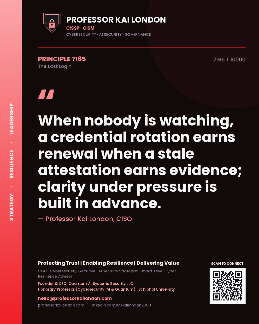 Quote card by Professor Kai London reading 'When nobody is watching, a credential rotation earns renewal when a stale attestation earns evidence; clarity under pressure is built in advance.'. From the book The Last Login.