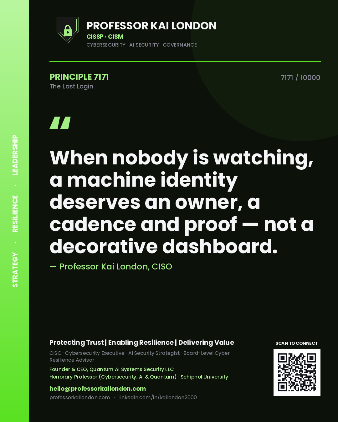 Quote card by Professor Kai London reading 'When nobody is watching, a machine identity deserves an owner, a cadence and proof — not a decorative dashboard.'. From the book The Last Login.