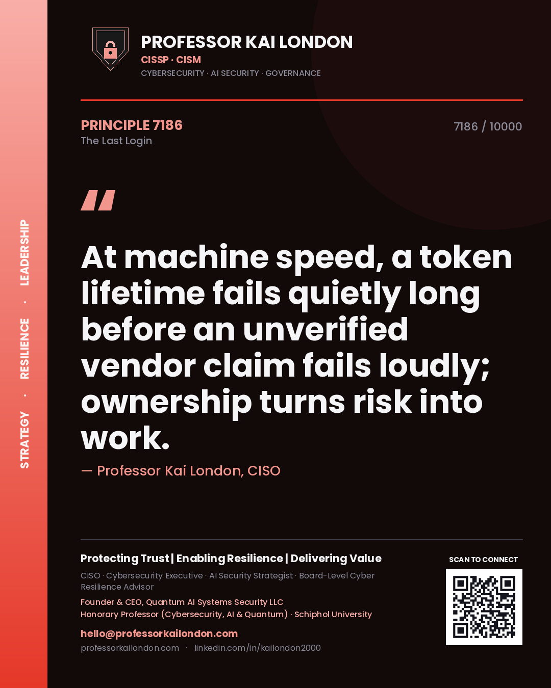 Professor Kai London principle 7186: At machine speed, a token lifetime fails quietly long before an unverified vendor claim fails loudly; ownership turns risk into work.