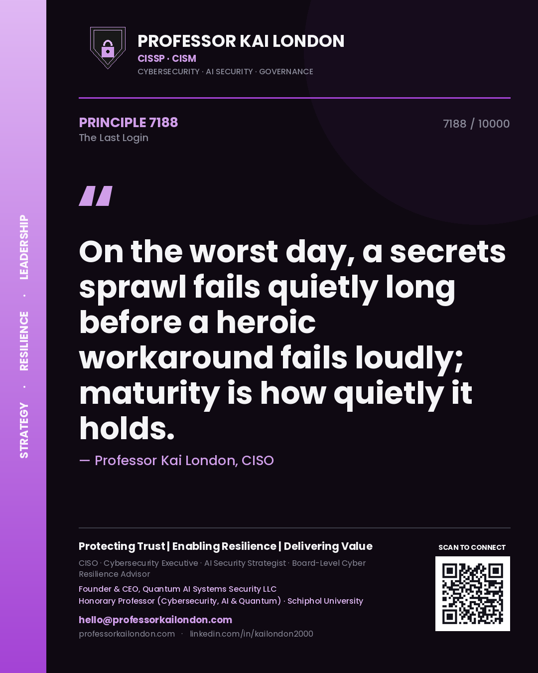 Quote card by Professor Kai London reading 'On the worst day, a secrets sprawl fails quietly long before a heroic workaround fails loudly; maturity is how quietly it holds.'. From the book The Last Login.