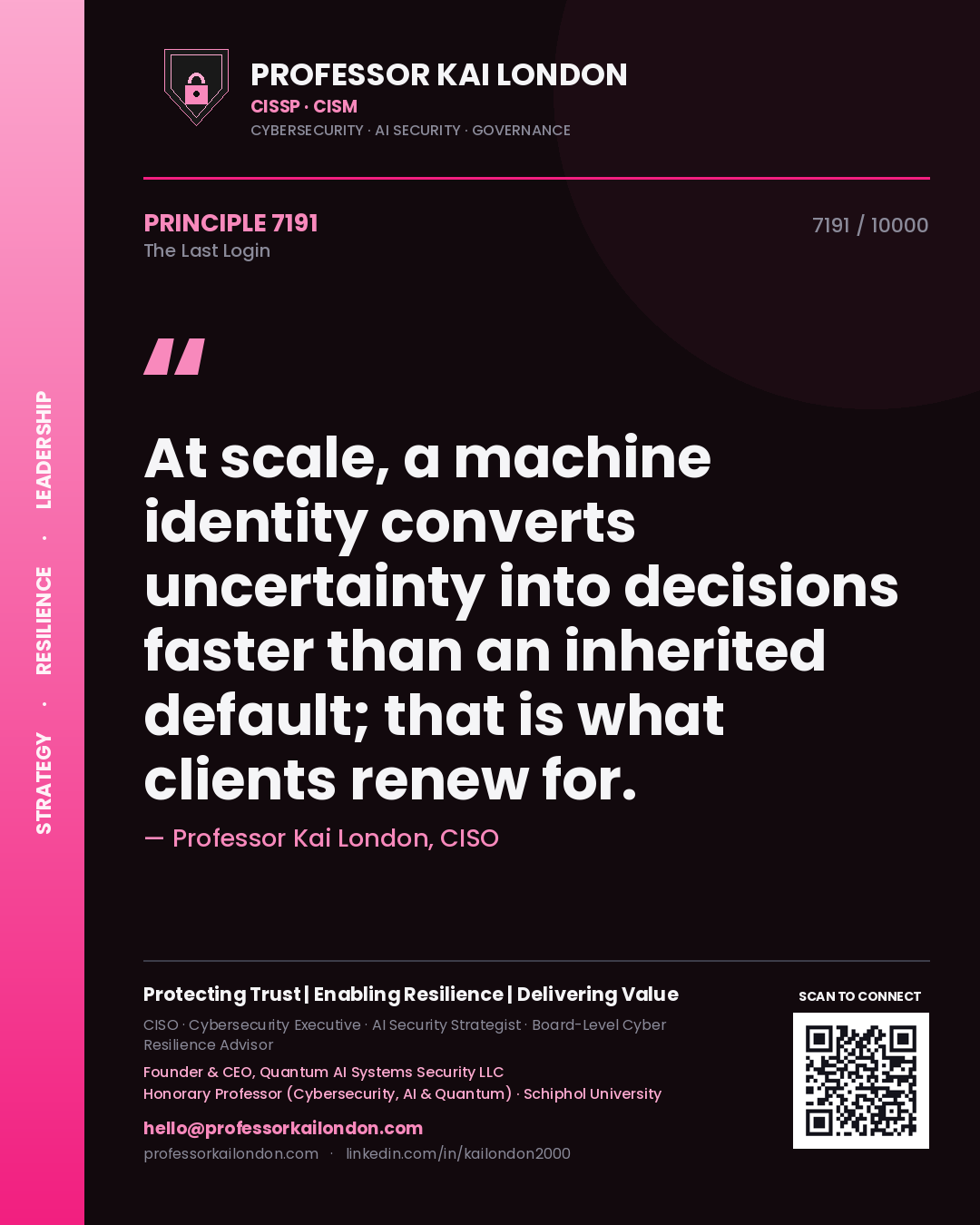 Professor Kai London principle 7191: At scale, a machine identity converts uncertainty into decisions faster than an inherited default; that is what clients renew for.