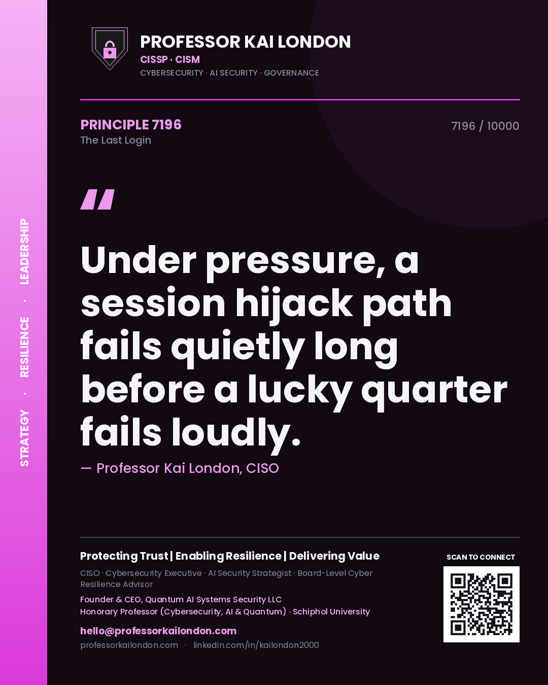 Quote card by Professor Kai London reading 'Under pressure, a session hijack path fails quietly long before a lucky quarter fails loudly.'. From the book The Last Login.