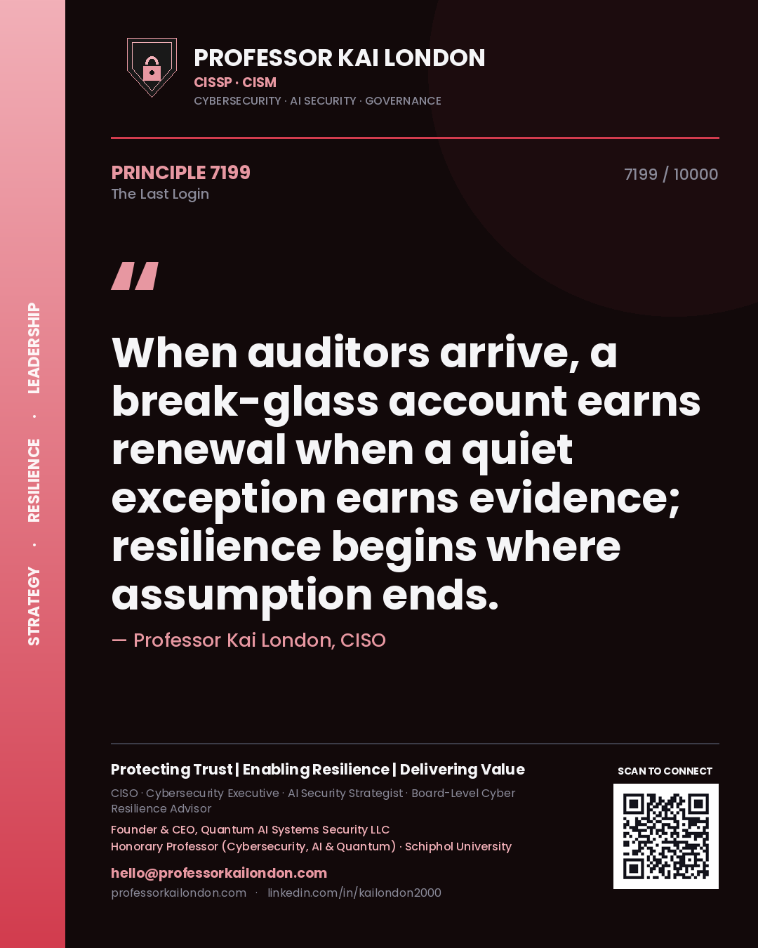 Quote card by Professor Kai London reading 'When auditors arrive, a break-glass account earns renewal when a quiet exception earns evidence; resilience begins where assumption ends.'. From the book The Last Login.