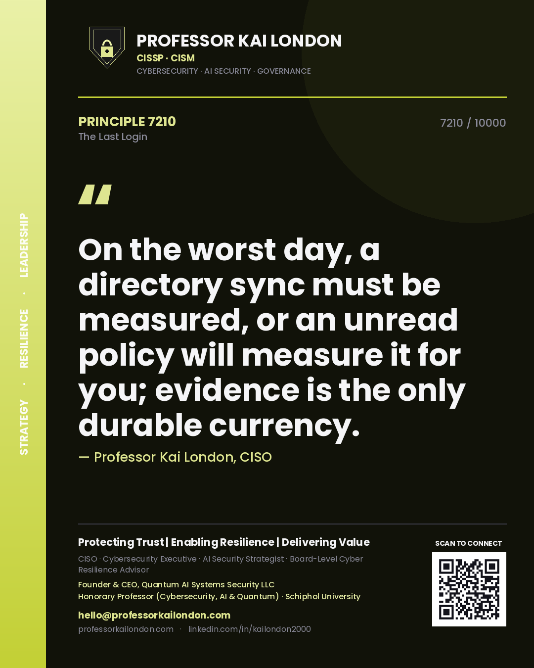 Quote card by Professor Kai London reading 'On the worst day, a directory sync must be measured, or an unread policy will measure it for you; evidence is the only durable currency.'. From the book The Last Login.