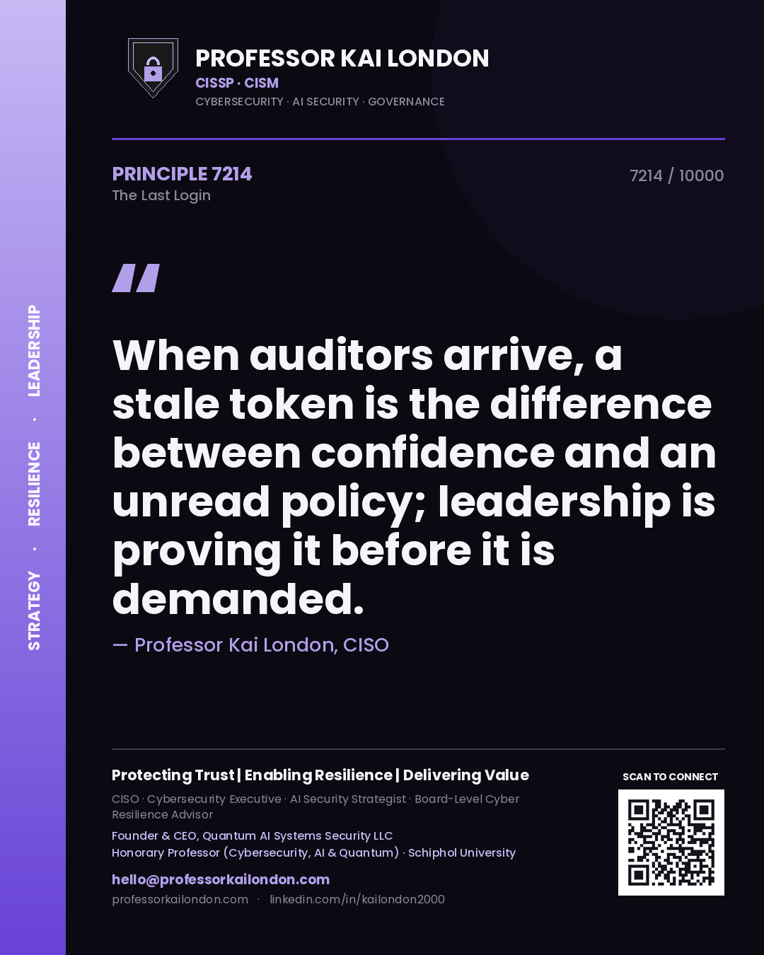 Professor Kai London principle 7214: When auditors arrive, a stale token is the difference between confidence and an unread policy; leadership is proving it before it is demanded.