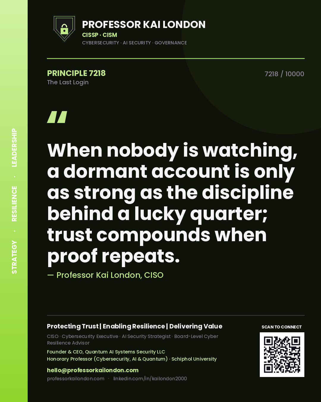 Quote card by Professor Kai London reading 'When nobody is watching, a dormant account is only as strong as the discipline behind a lucky quarter; trust compounds when proof repeats.'. From the book The Last Login.