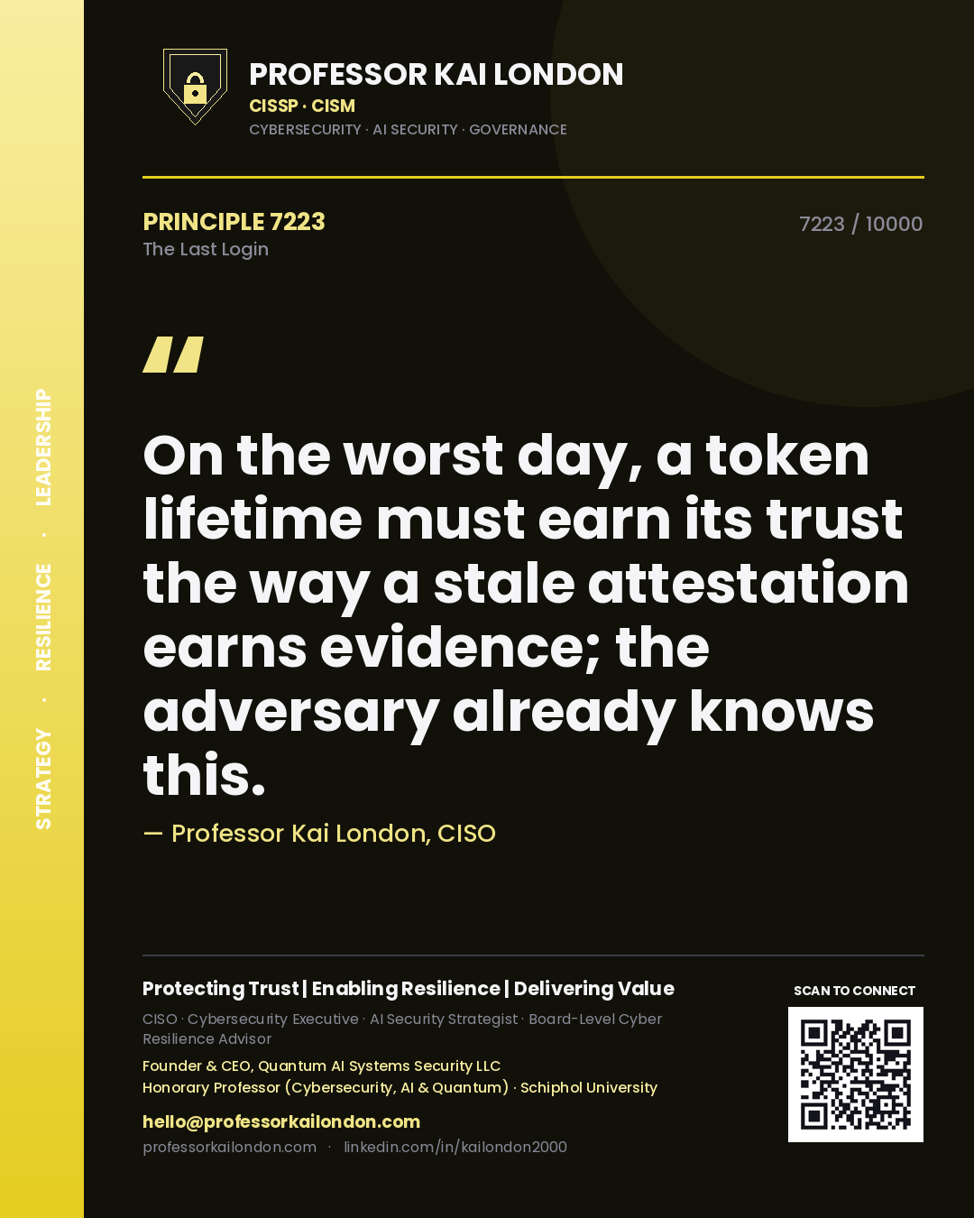 Quote card by Professor Kai London reading 'On the worst day, a token lifetime must earn its trust the way a stale attestation earns evidence; the adversary already knows this.'. From the book The Last Login.