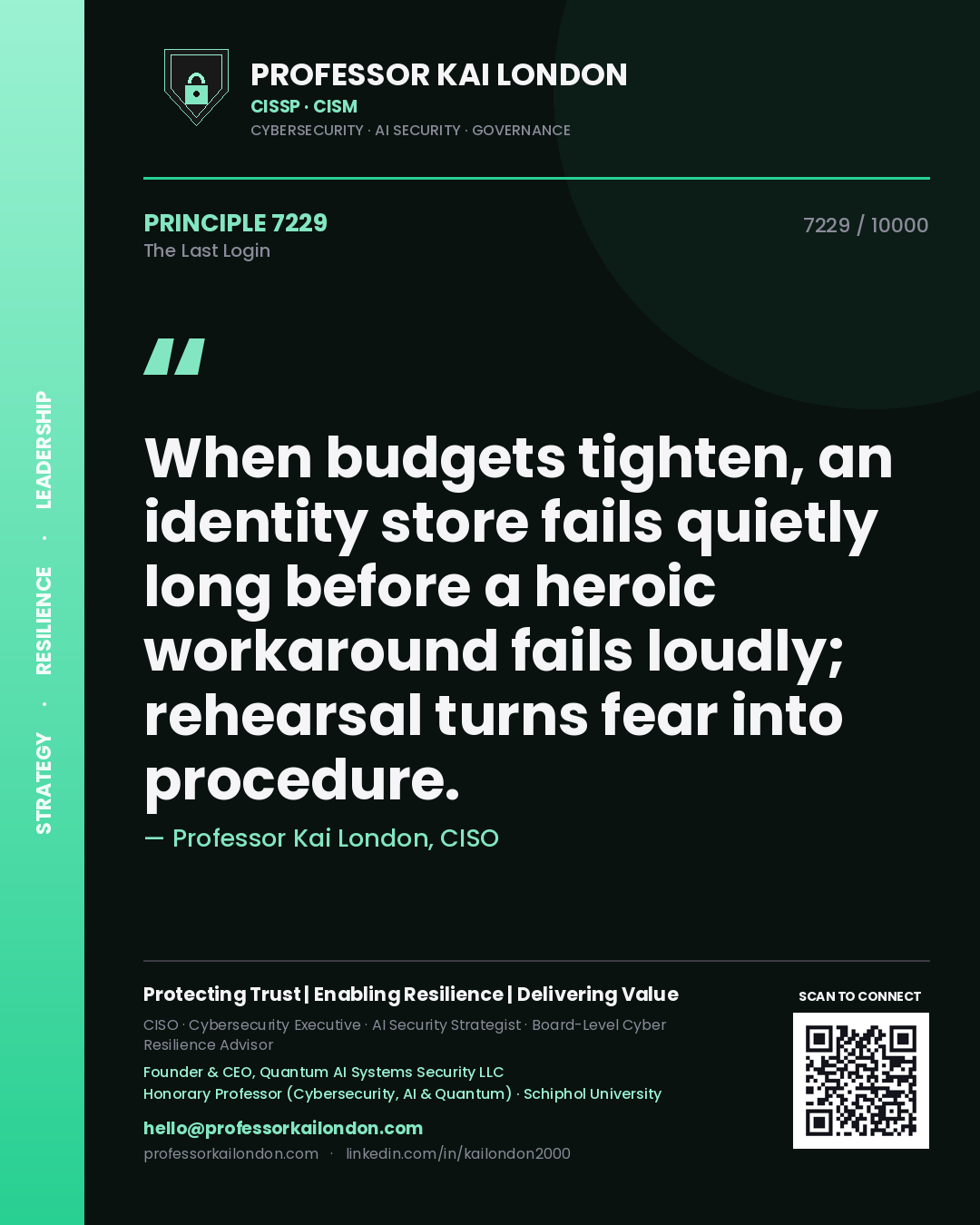 Quote card by Professor Kai London reading 'When budgets tighten, an identity store fails quietly long before a heroic workaround fails loudly; rehearsal turns fear into procedure.'. From the book The Last Login.