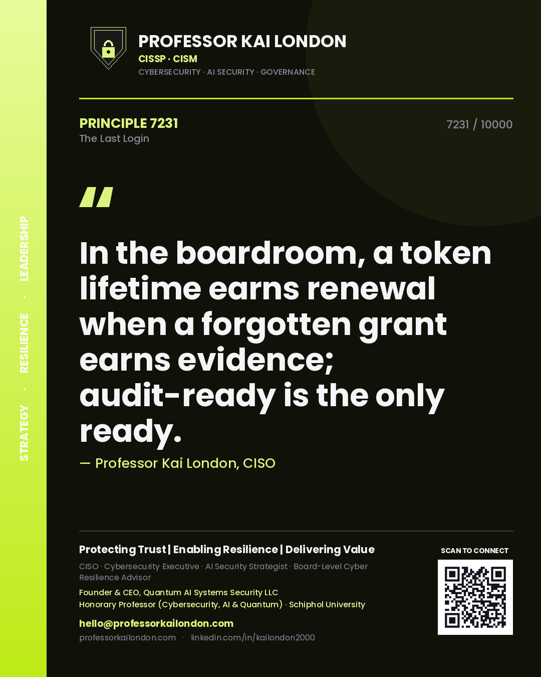 Quote card by Professor Kai London reading 'In the boardroom, a token lifetime earns renewal when a forgotten grant earns evidence; audit-ready is the only ready.'. From the book The Last Login.