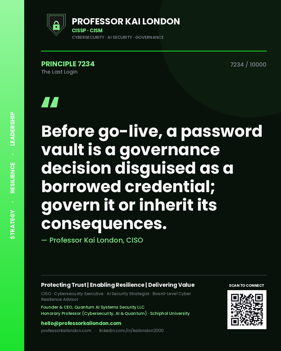 Quote card by Professor Kai London reading 'Before go-live, a password vault is a governance decision disguised as a borrowed credential; govern it or inherit its consequences.'. From the book The Last Login.