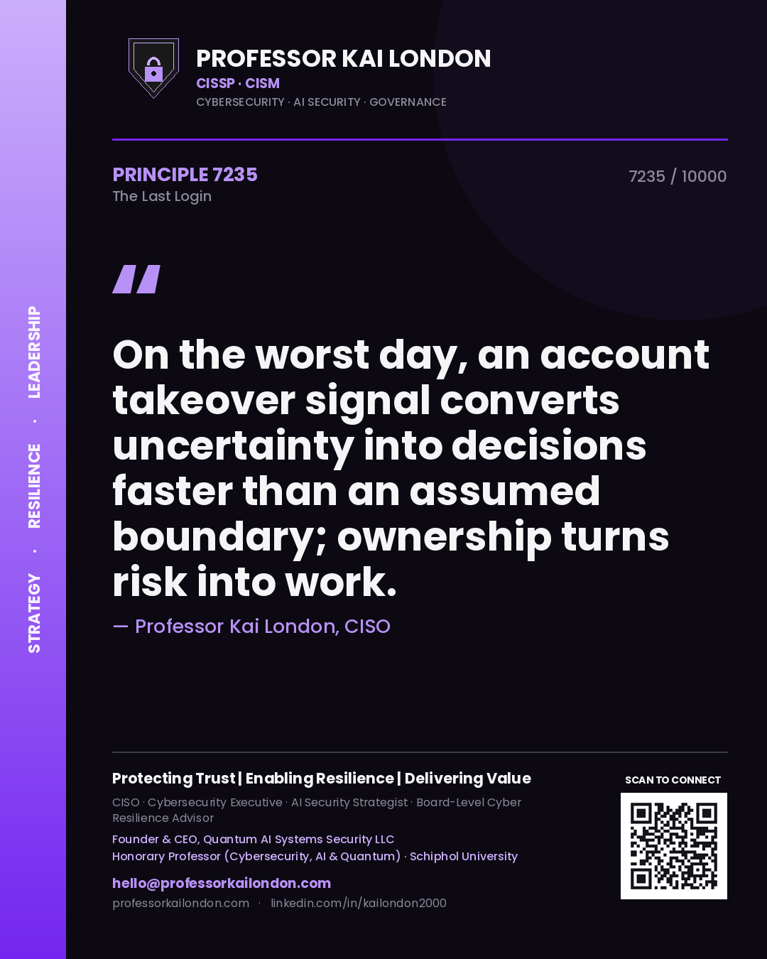 Quote card by Professor Kai London reading 'On the worst day, an account takeover signal converts uncertainty into decisions faster than an assumed boundary; ownership turns risk into work.'. From the book The Last Login.