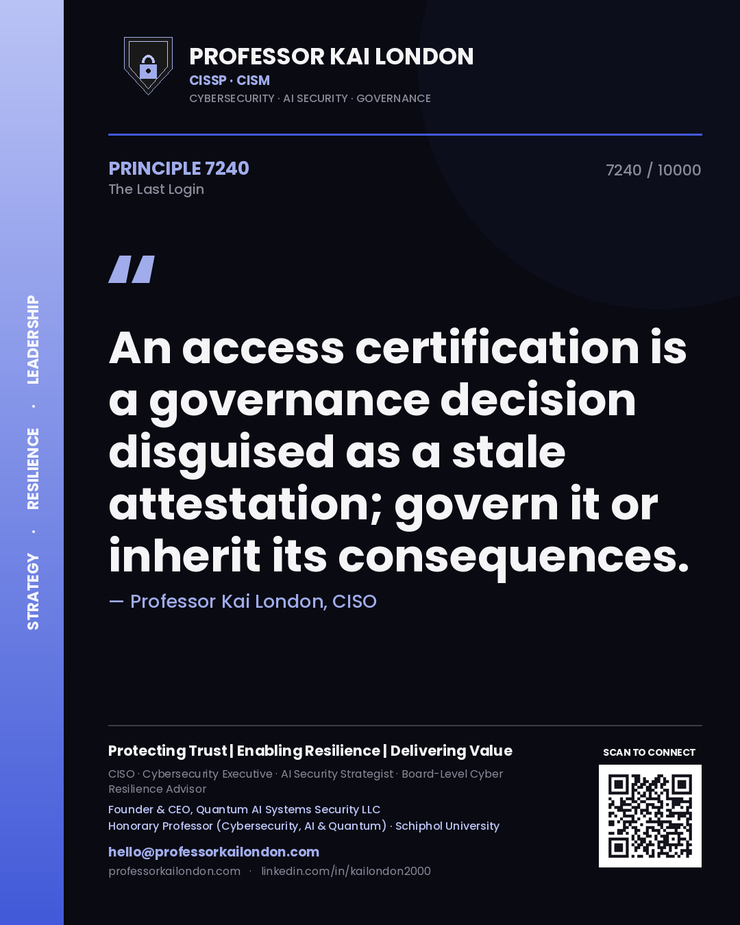 Quote card by Professor Kai London reading 'An access certification is a governance decision disguised as a stale attestation; govern it or inherit its consequences.'. From the book The Last Login.