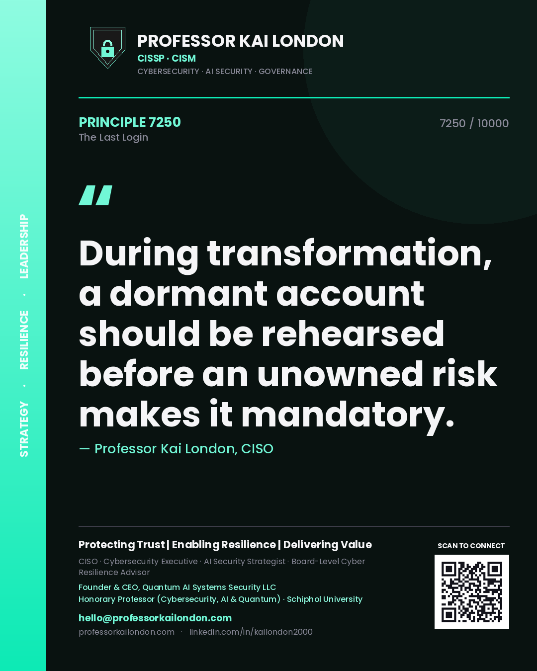 Quote card by Professor Kai London reading 'During transformation, a dormant account should be rehearsed before an unowned risk makes it mandatory.'. From the book The Last Login.