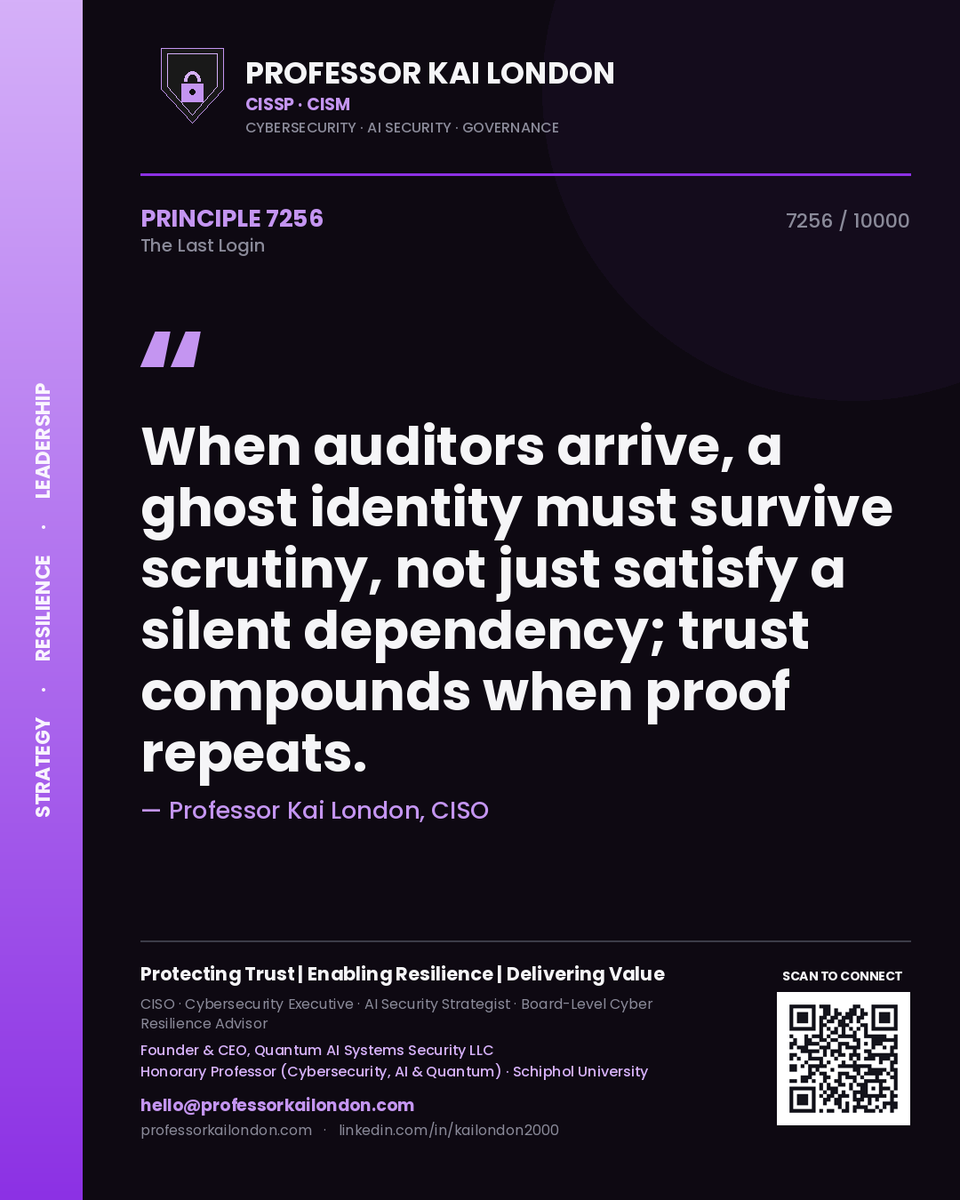 Quote card by Professor Kai London reading 'When auditors arrive, a ghost identity must survive scrutiny, not just satisfy a silent dependency; trust compounds when proof repeats.'. From the book The Last Login.