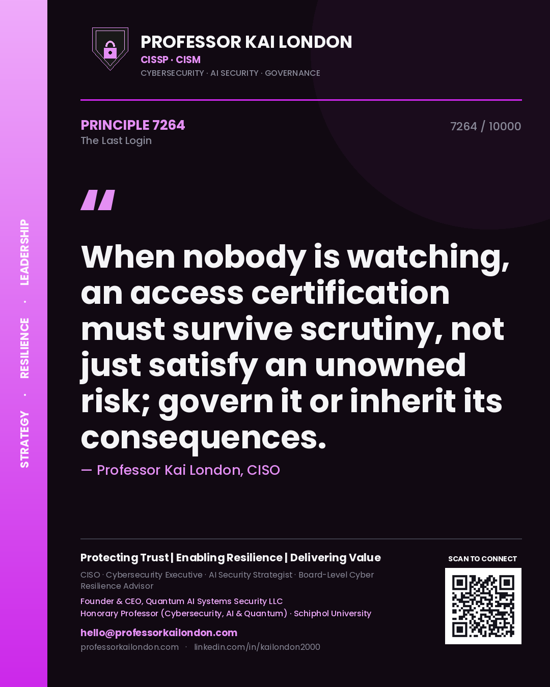 Quote card by Professor Kai London reading 'When nobody is watching, an access certification must survive scrutiny, not just satisfy an unowned risk; govern it or inherit its consequences.'. From the book The Last Login.