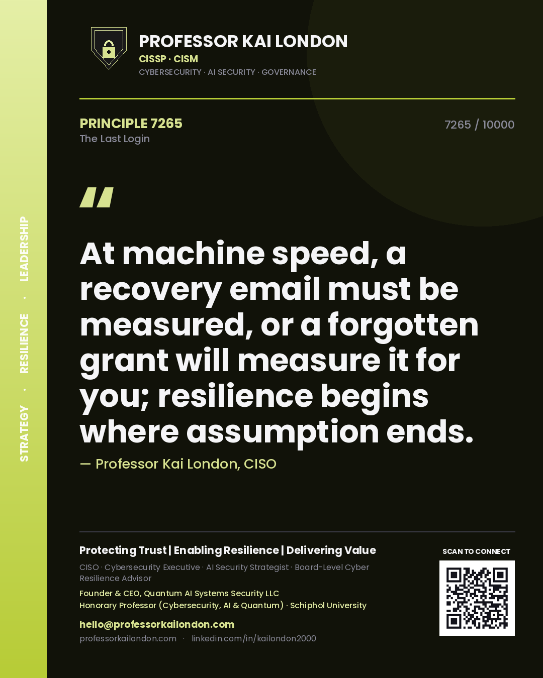 Quote card by Professor Kai London reading 'At machine speed, a recovery email must be measured, or a forgotten grant will measure it for you; resilience begins where assumption ends.'. From the book The Last Login.
