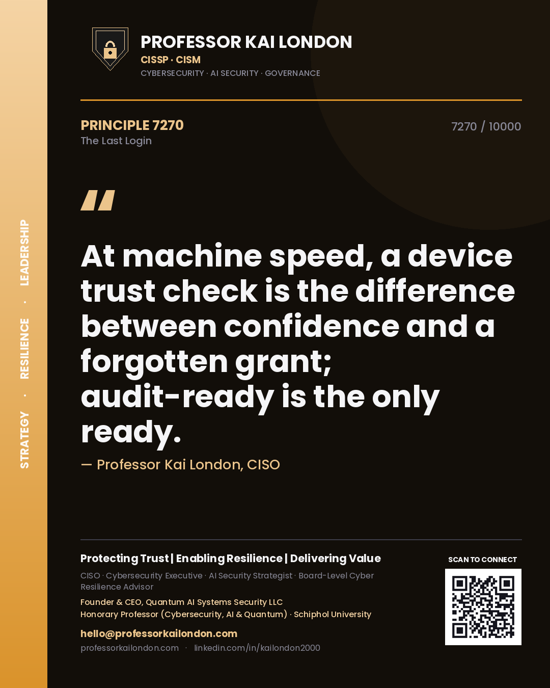 Professor Kai London principle 7270: At machine speed, a device trust check is the difference between confidence and a forgotten grant; audit-ready is the only ready.