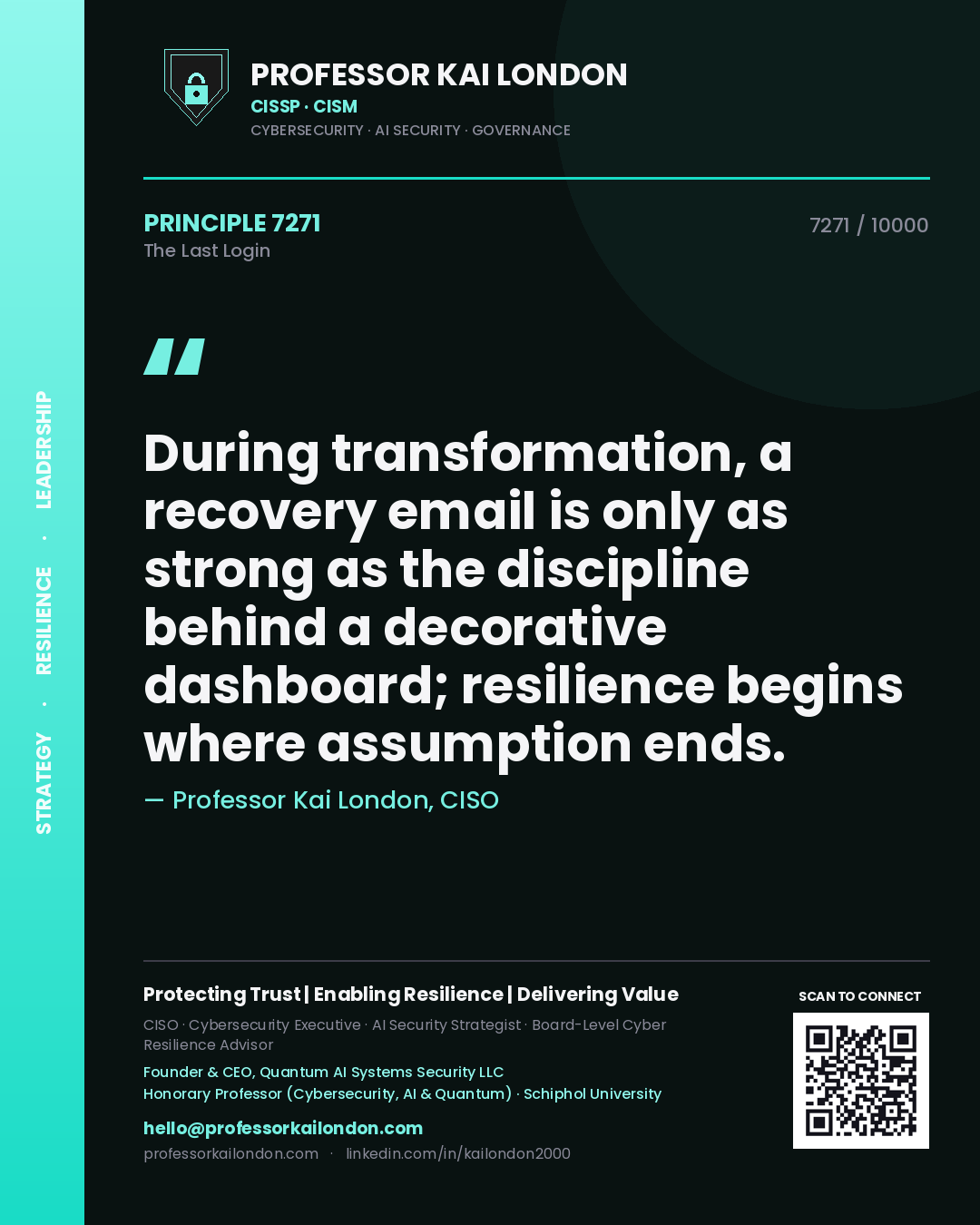 Quote card by Professor Kai London reading 'During transformation, a recovery email is only as strong as the discipline behind a decorative dashboard; resilience begins where assumption ends.'. From the book The Last Login.
