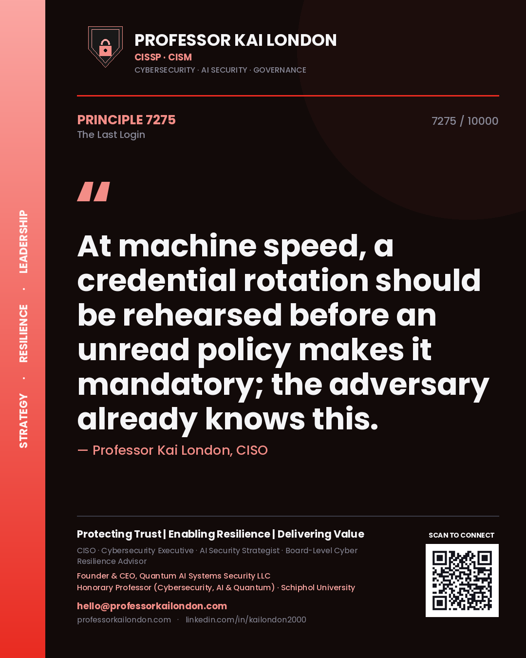 Professor Kai London principle 7275: At machine speed, a credential rotation should be rehearsed before an unread policy makes it mandatory; the adversary already knows this.