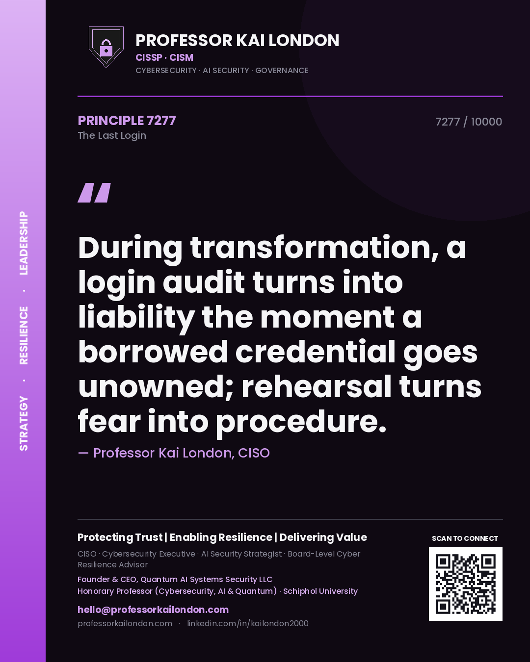 Quote card by Professor Kai London reading 'During transformation, a login audit turns into liability the moment a borrowed credential goes unowned; rehearsal turns fear into procedure.'. From the book The Last Login.