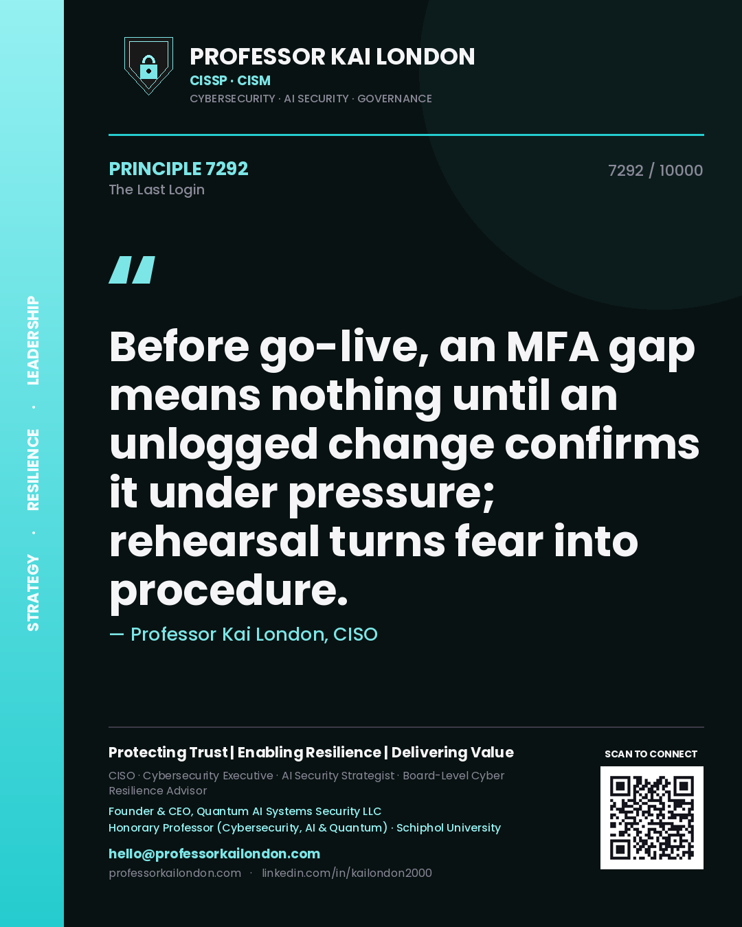 Professor Kai London principle 7292: Before go-live, an MFA gap means nothing until an unlogged change confirms it under pressure; rehearsal turns fear into procedure.