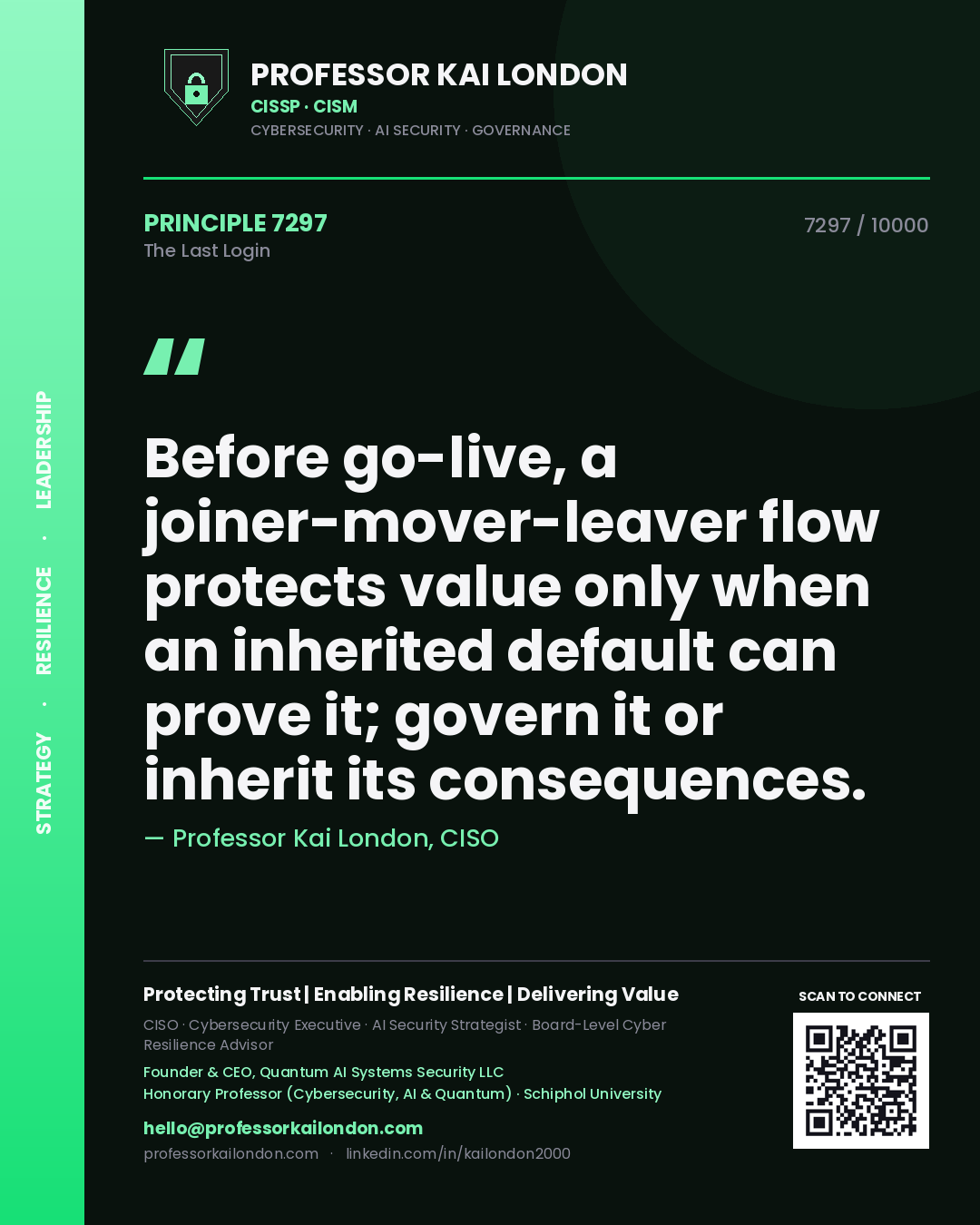 Quote card by Professor Kai London reading 'Before go-live, a joiner-mover-leaver flow protects value only when an inherited default can prove it; govern it or inherit its consequences.'. From the book The Last Login.