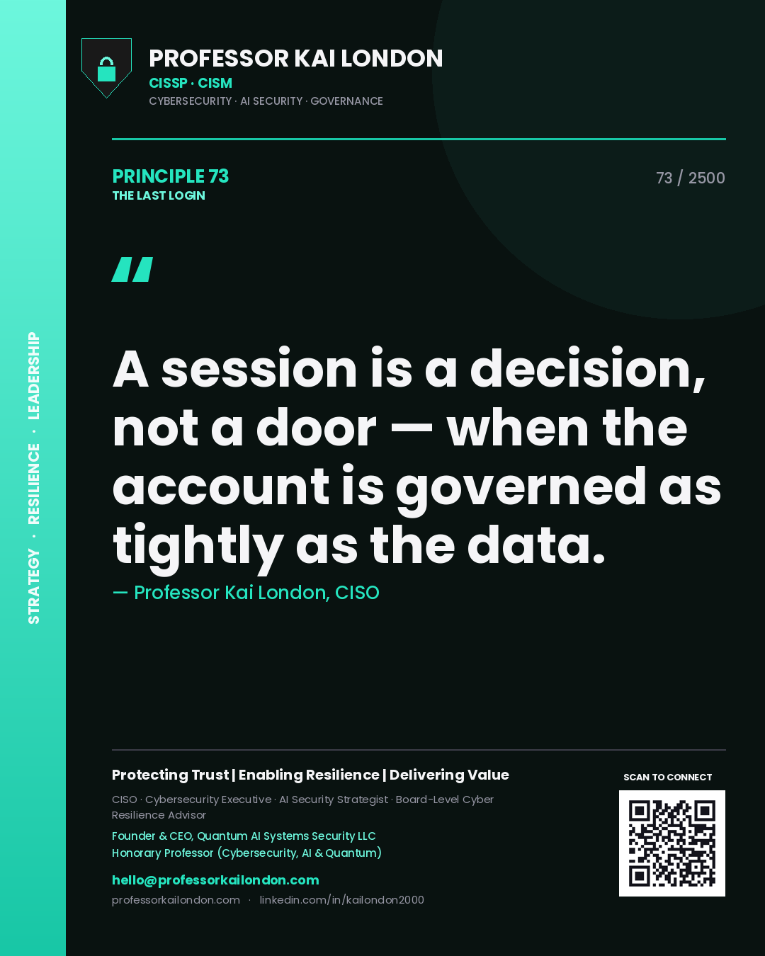 Quote card by Professor Kai London reading 'A session is a decision, not a door — when the account is governed as tightly as the data.'. From the book The Last Login.