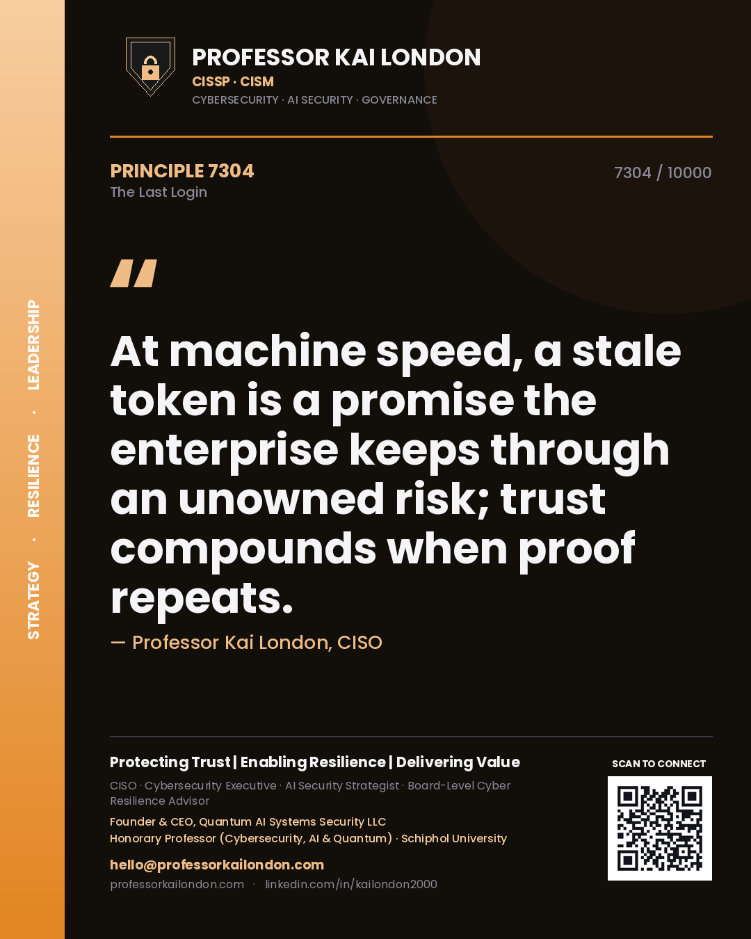 Professor Kai London principle 7304: At machine speed, a stale token is a promise the enterprise keeps through an unowned risk; trust compounds when proof repeats.