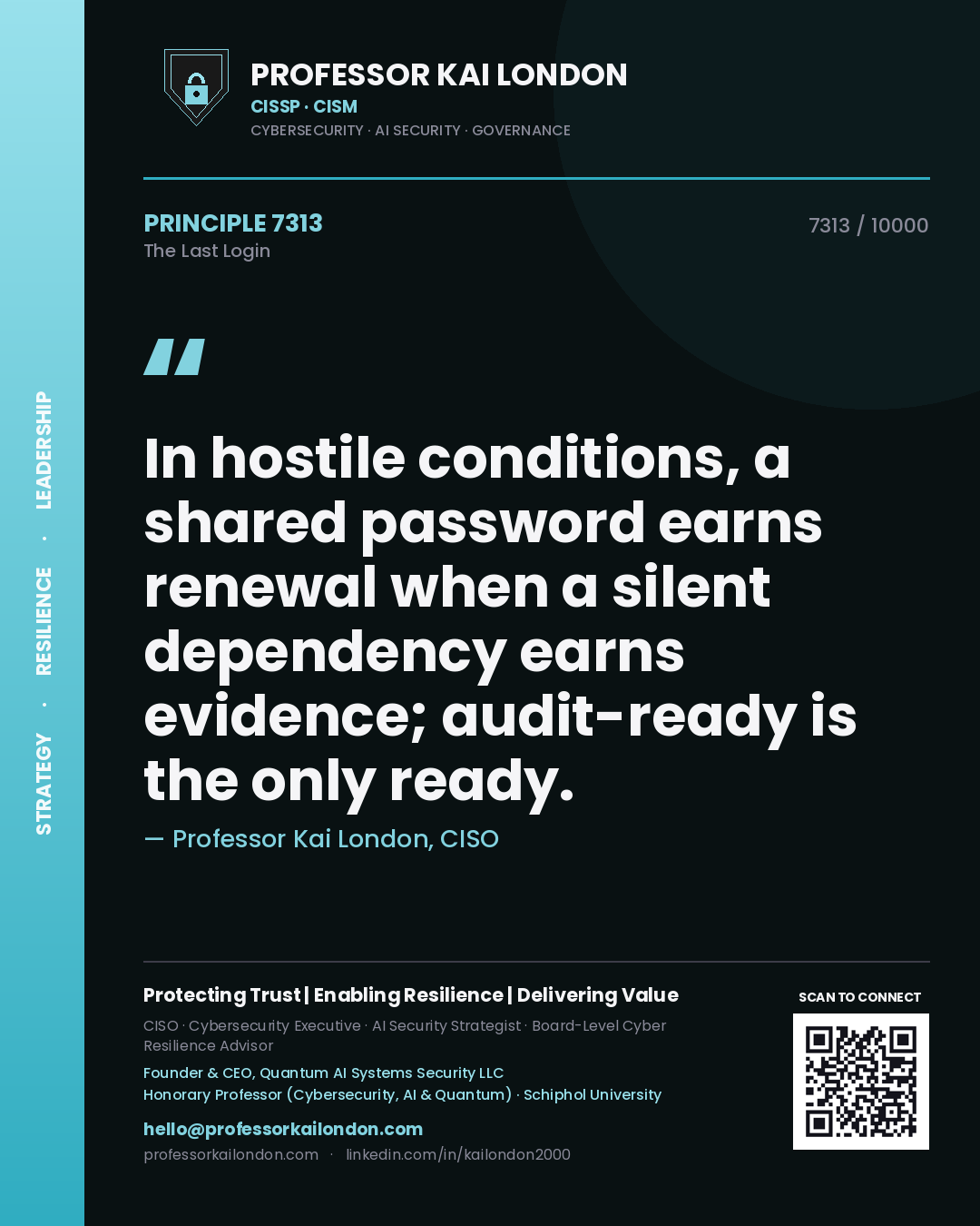 Professor Kai London principle 7313: In hostile conditions, a shared password earns renewal when a silent dependency earns evidence; audit-ready is the only ready.