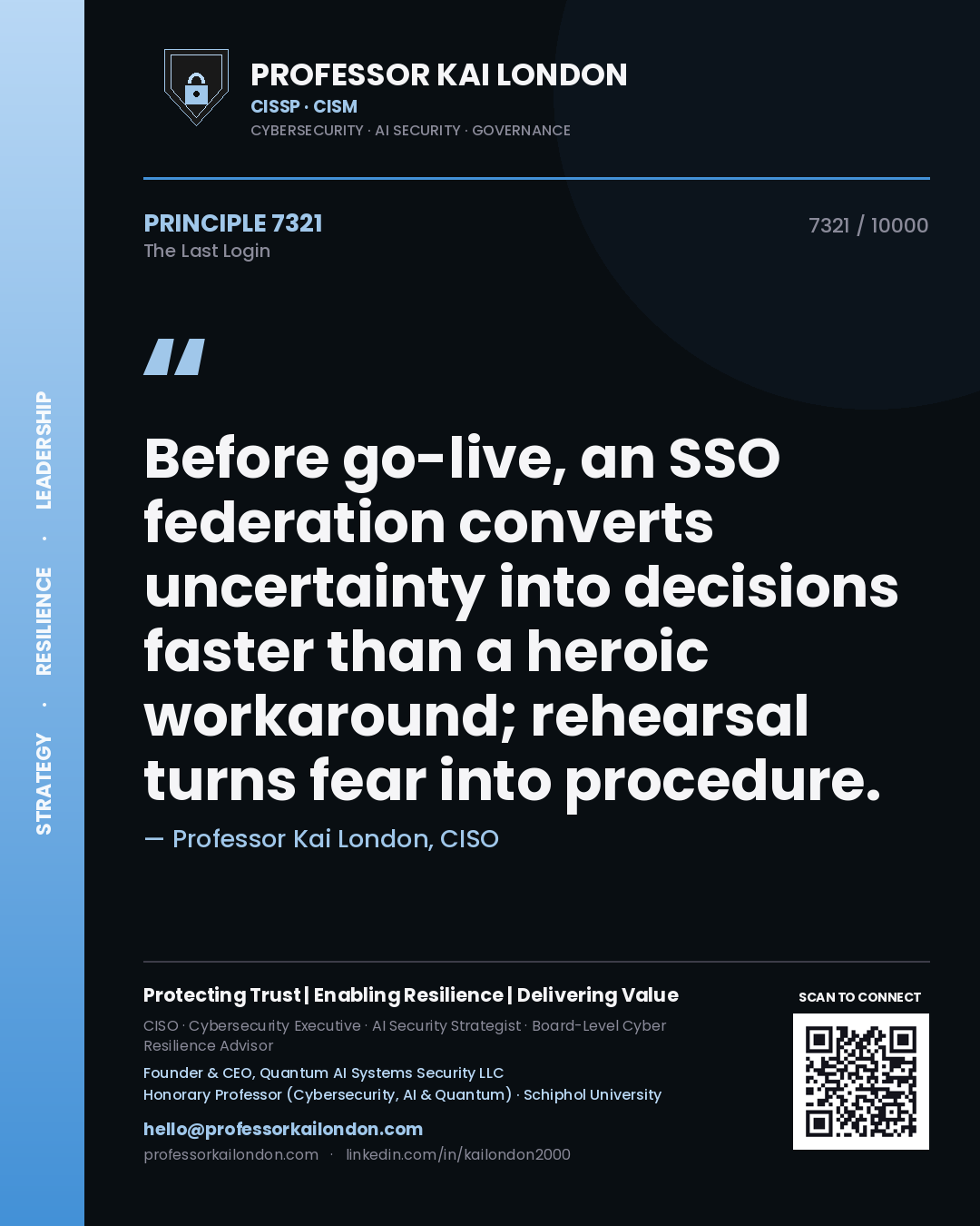 Quote card by Professor Kai London reading 'Before go-live, an SSO federation converts uncertainty into decisions faster than a heroic workaround; rehearsal turns fear into procedure.'. From the book The Last Login.