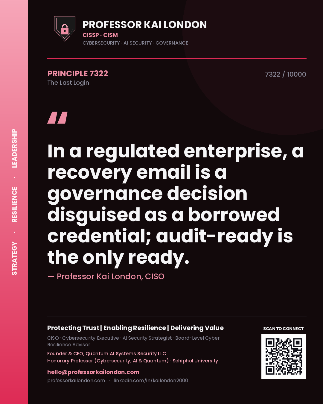 Professor Kai London principle 7322: In a regulated enterprise, a recovery email is a governance decision disguised as a borrowed credential; audit-ready is the only ready.