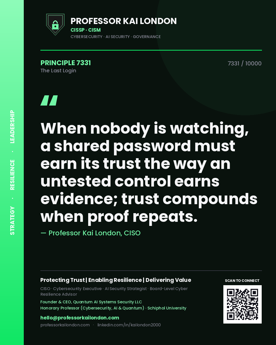 Quote card by Professor Kai London reading 'When nobody is watching, a shared password must earn its trust the way an untested control earns evidence; trust compounds when proof repeats.'. From the book The Last Login.