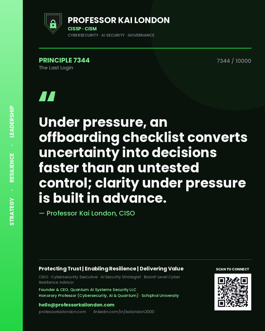 Quote card by Professor Kai London reading 'Under pressure, an offboarding checklist converts uncertainty into decisions faster than an untested control; clarity under pressure is built in advance.'. From the book The Last Login.