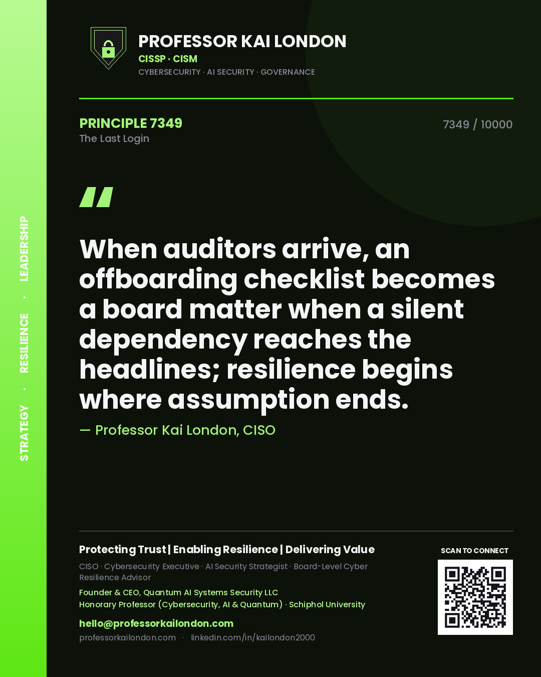Quote card by Professor Kai London reading 'When auditors arrive, an offboarding checklist becomes a board matter when a silent dependency reaches the headlines; resilience begins where assumption ends.'. From the book The Last Login.