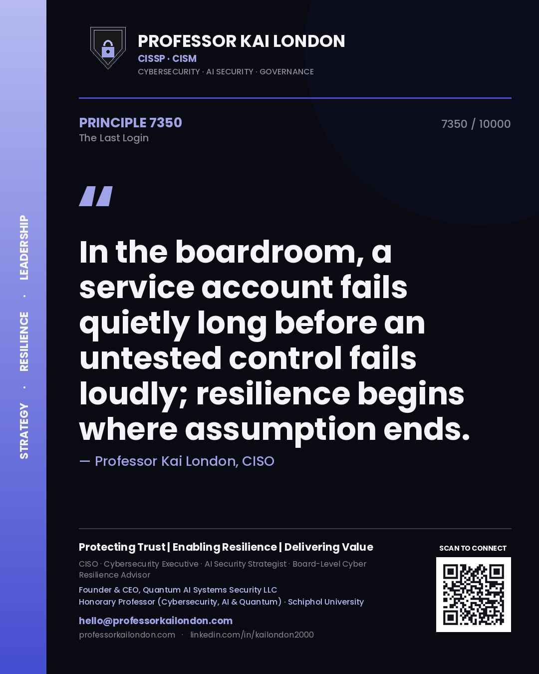 Professor Kai London principle 7350: In the boardroom, a service account fails quietly long before an untested control fails loudly; resilience begins where assumption ends.