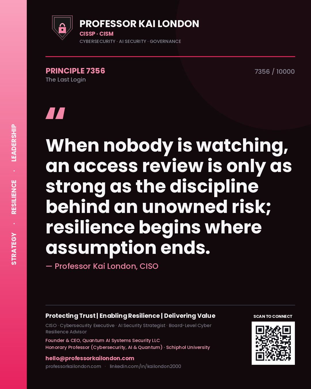Quote card by Professor Kai London reading 'When nobody is watching, an access review is only as strong as the discipline behind an unowned risk; resilience begins where assumption ends.'. From the book The Last Login.