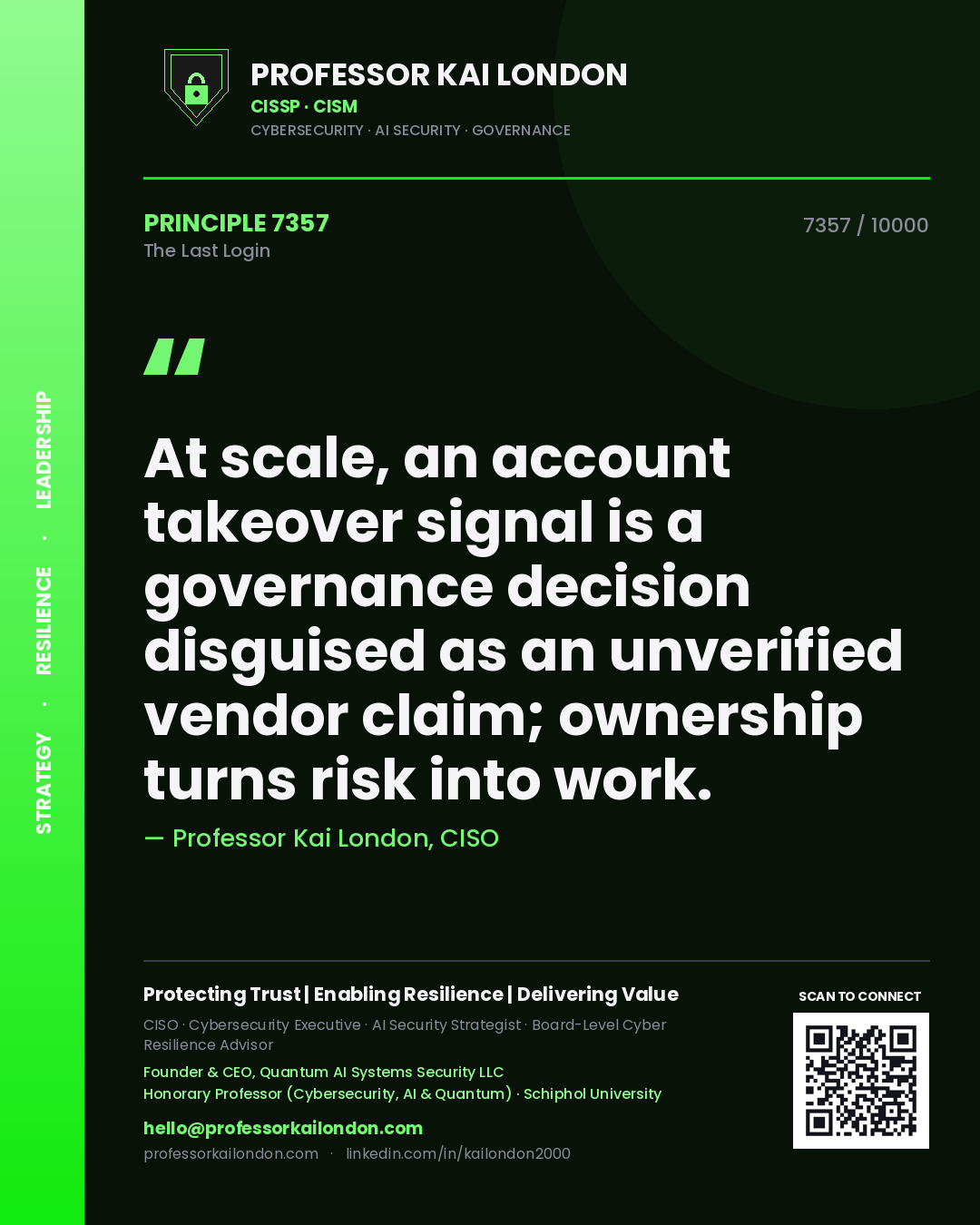 Quote card by Professor Kai London reading 'At scale, an account takeover signal is a governance decision disguised as an unverified vendor claim; ownership turns risk into work.'. From the book The Last Login.
