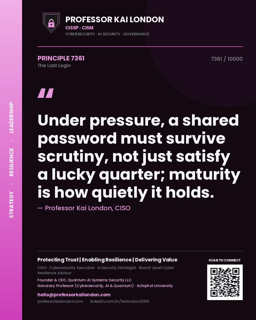 Quote card by Professor Kai London reading 'Under pressure, a shared password must survive scrutiny, not just satisfy a lucky quarter; maturity is how quietly it holds.'. From the book The Last Login.
