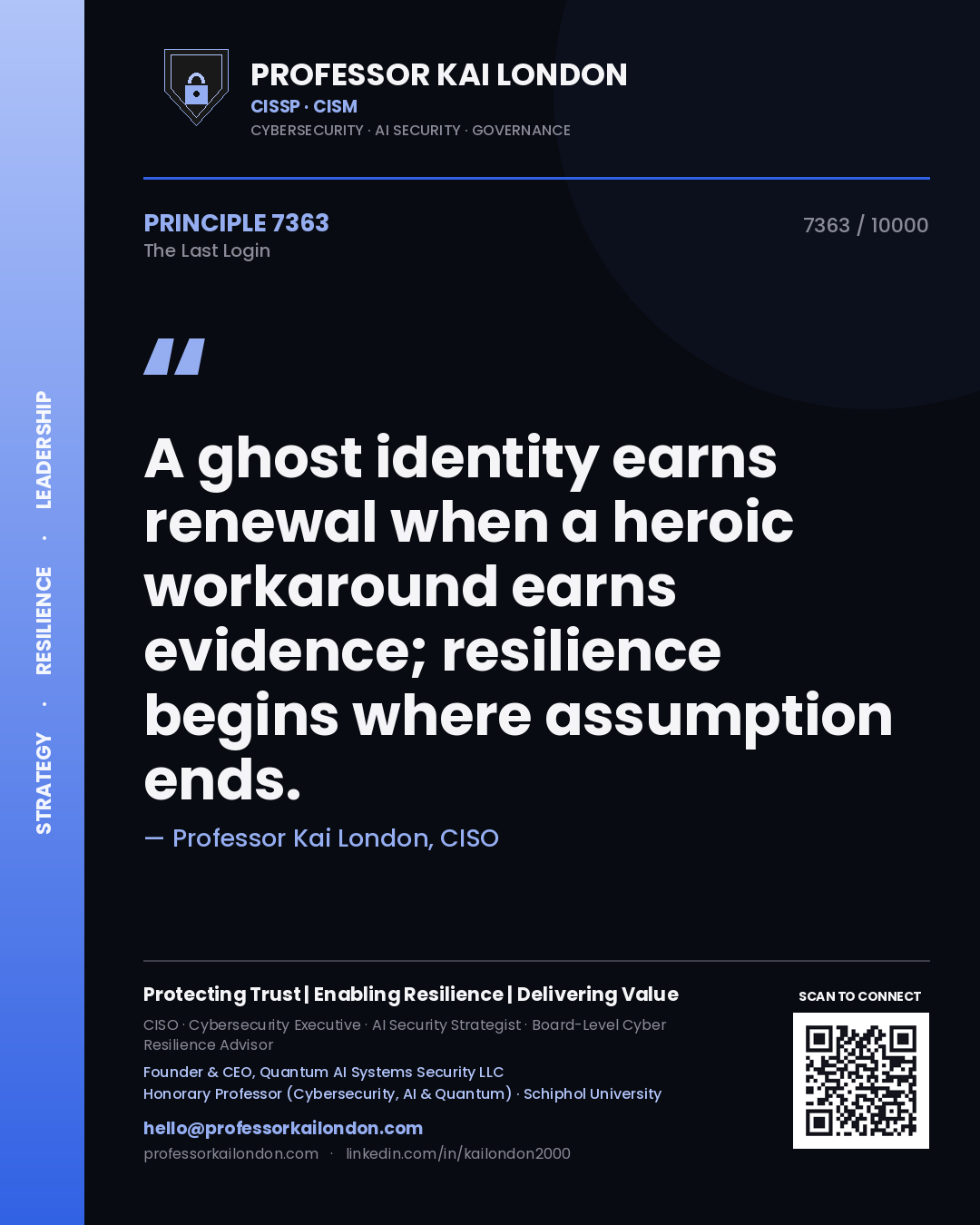 Quote card by Professor Kai London reading 'A ghost identity earns renewal when a heroic workaround earns evidence; resilience begins where assumption ends.'. From the book The Last Login.