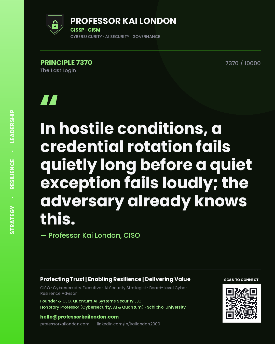 Professor Kai London principle 7370: In hostile conditions, a credential rotation fails quietly long before a quiet exception fails loudly; the adversary already knows this.