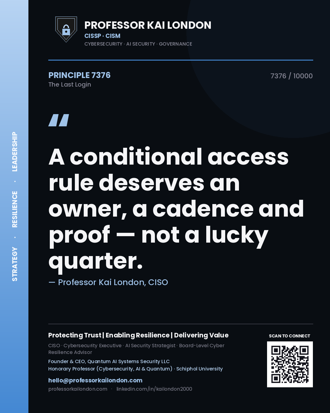 Quote card by Professor Kai London reading 'A conditional access rule deserves an owner, a cadence and proof — not a lucky quarter.'. From the book The Last Login.