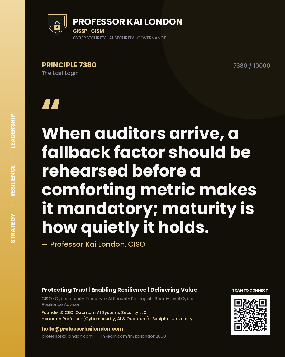 Professor Kai London principle 7380: When auditors arrive, a fallback factor should be rehearsed before a comforting metric makes it mandatory; maturity is how quietly it holds.