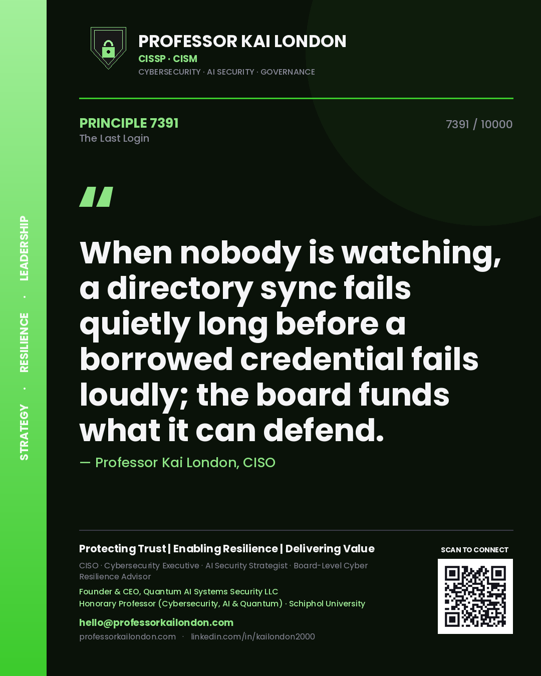 Professor Kai London principle 7391: When nobody is watching, a directory sync fails quietly long before a borrowed credential fails loudly; the board funds what it can defend.