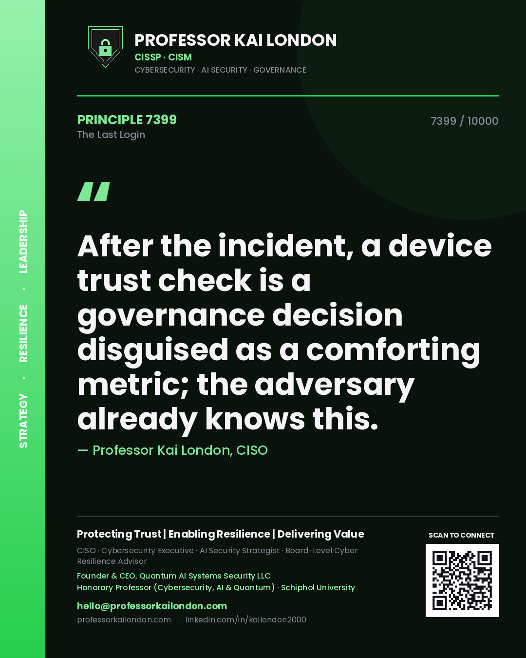 Professor Kai London principle 7399: After the incident, a device trust check is a governance decision disguised as a comforting metric; the adversary already knows this.