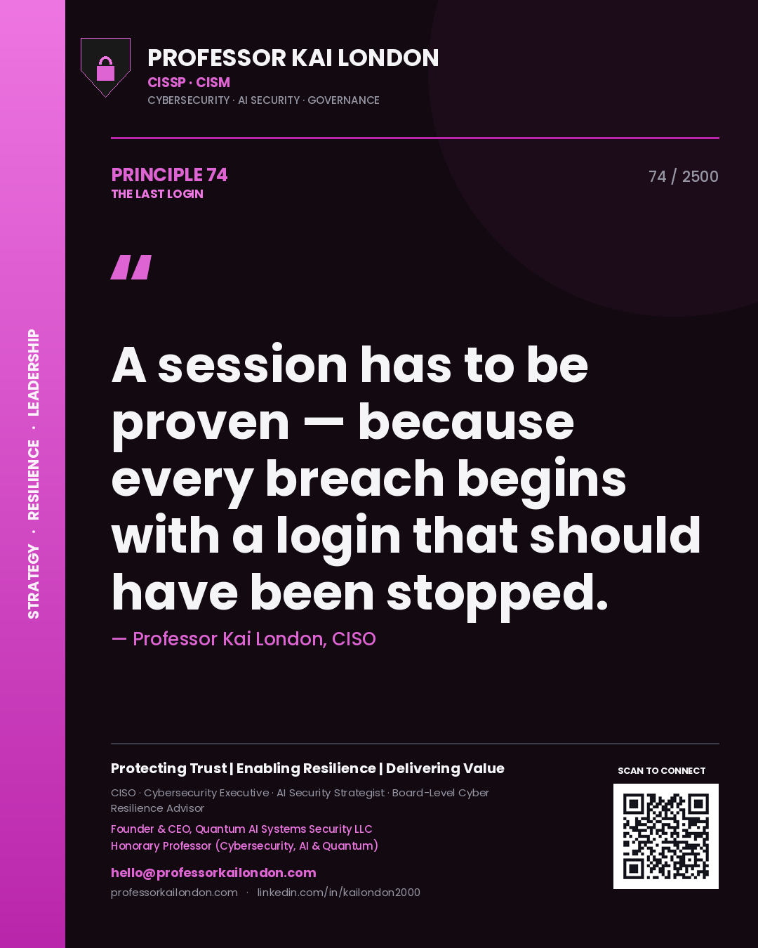 Quote card by Professor Kai London reading 'A session has to be proven — because every breach begins with a login that should have been stopped.'. From the book The Last Login.