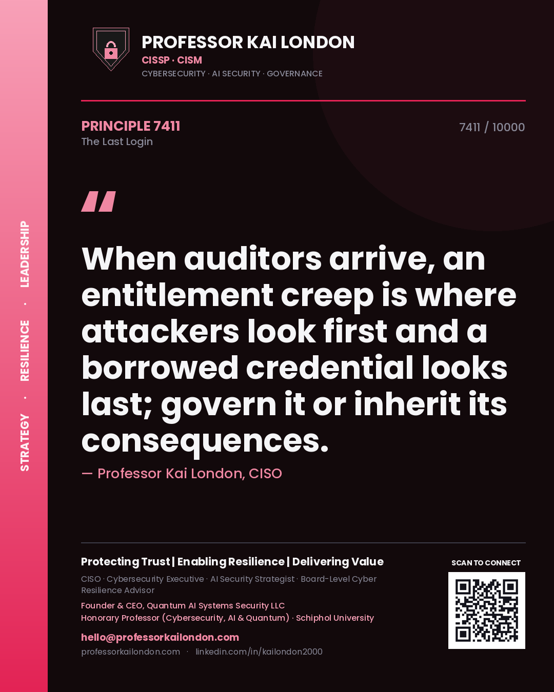 Quote card by Professor Kai London reading 'When auditors arrive, an entitlement creep is where attackers look first and a borrowed credential looks last; govern it or inherit its consequences.'. From the book The Last Login.
